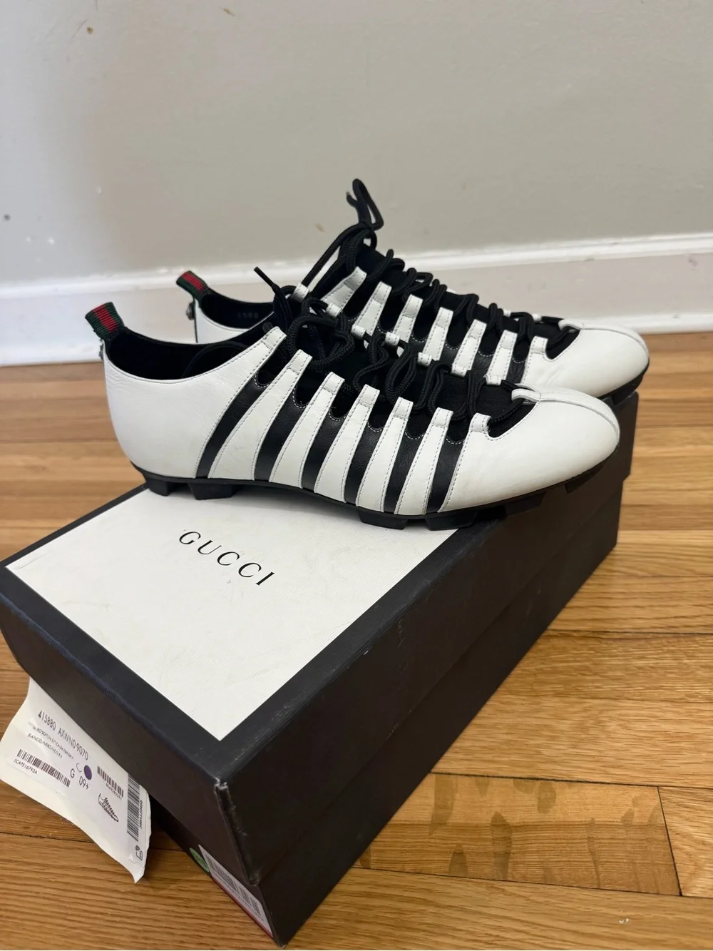 Gucci White and Black Striped Lace-Up Soccer-Inspired Sneakers